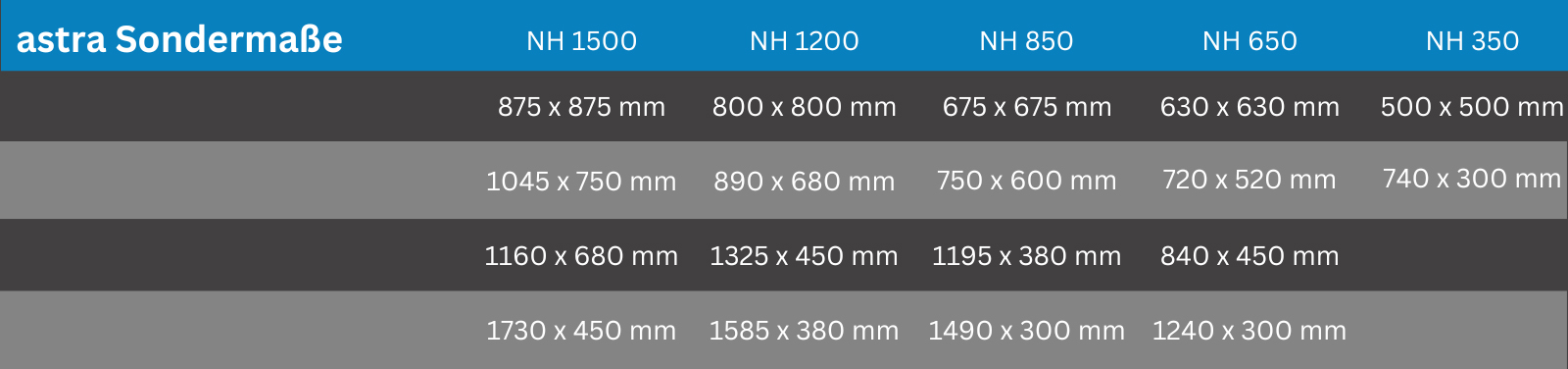 Tabelle zu den Sondermaßen unserer Granit Infrarotheizung.