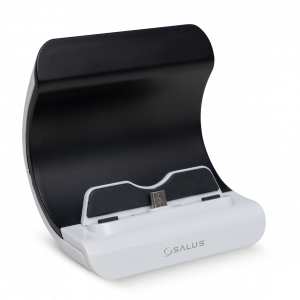 Die weiße Salus CDEU Ladestation USB Stromversorgung mit schwarzem Innenbereich.