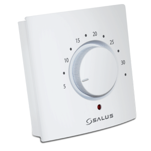 Der weiße Salus ERT20TXB als analoger Funk-Raumthermostat mit LED-Statusanzeige.