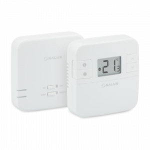 Weißes Thermostat mit digitaler Anzeige. Das Modell ist Salus RT310RF.