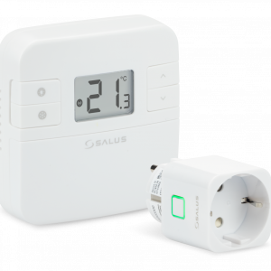 Weißes Thermostat mit digitaler Anzeige. Das Modell ist Salus RT310SPE.