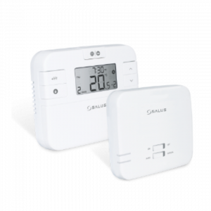 Weißes Thermostat mit digitaler Anzeige. Das Modell ist Salus RT510 RF.