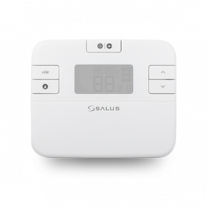 Weißes Thermostat mit digitaler Anzeige. Das Modell ist Salus RT510SPE.