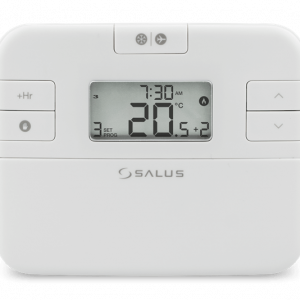 Weißes Thermostat mit digitaler Anzeige. Das Modell ist Salut RT510SR.