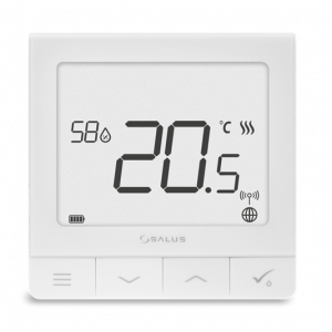 Weißes Thermostat mit digitaler Anzeige. Das Modell ist Salus SQ610RF.