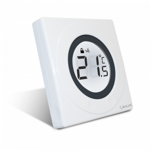 Weißes Thermostat mit digitaler Anzeige. Das Modell ist Salut ST325TX.