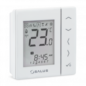 Weißes Thermostat mit digitaler Anzeige. Das Modell ist Salus VS20WRF.