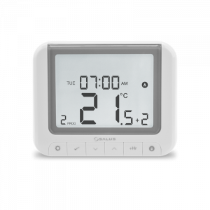 Weißes Thermostat mit digitaler Anzeige. Das Modell ist Salus WBRT520TX.